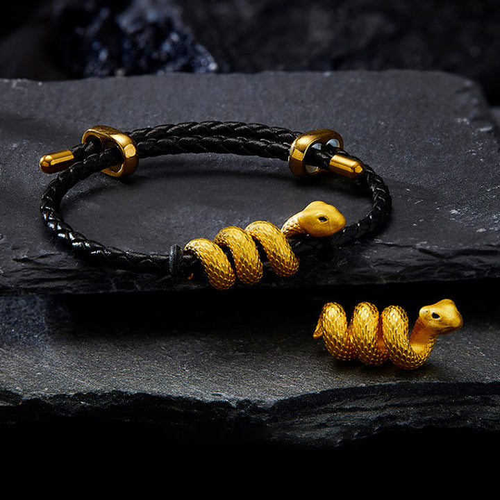 Buddha Stones 999 Gold Snake Double Buckle Leather Cord Black Rope Year Of The Snake Protection Bracelet