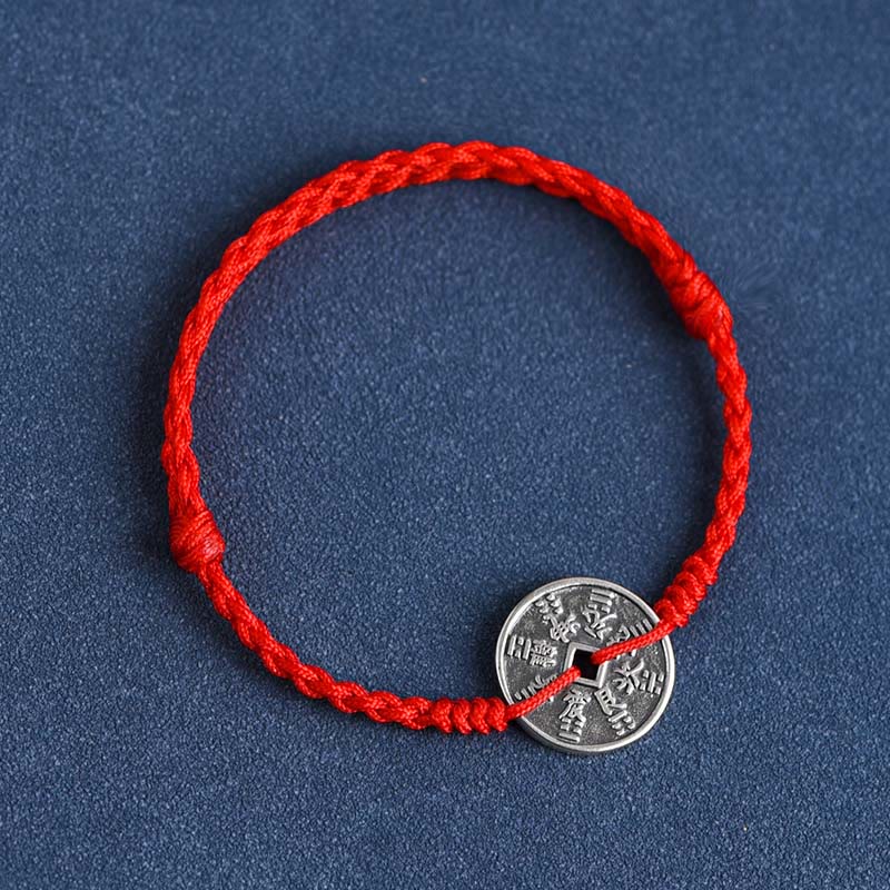 Buddha Stones 925 Sterling Silver Coin Protection Braided Bracelet Anklet