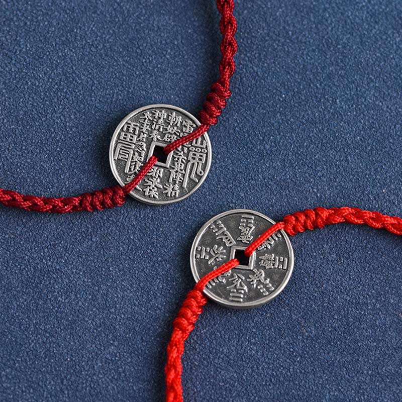 Buddha Stones 925 Sterling Silver Coin Protection Braided Bracelet Anklet - image 3