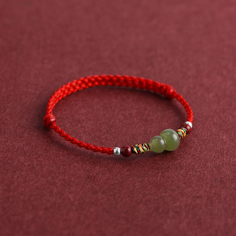 Buddha Stones Natural Hetian Jade Gourd Protection Luck Braided Bracelet Anklet