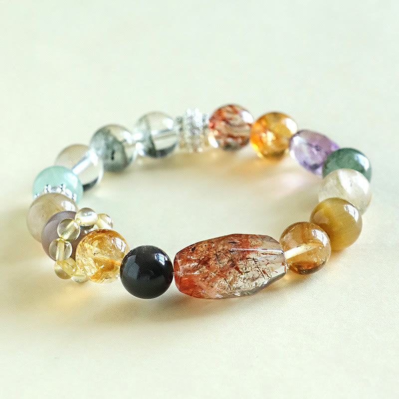 Buddha Stones Super Seven Crystal Topaz Obsidian Tiger Eye Positivity Bracelet