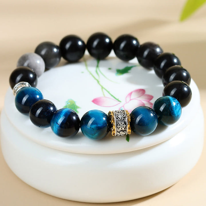 Buddha Stones Blue Tiger Eye Silver Sheen Obsidian Strength Bracelet