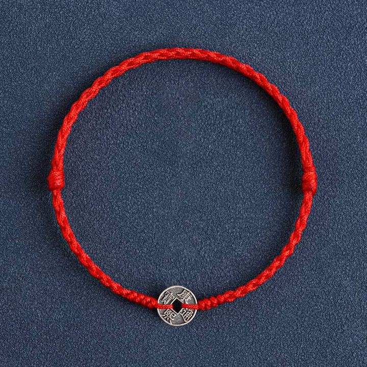 Buddha Stones 925 Sterling Silver Five Emperor Coins Red String Protection Luck Braided Bracelet Anklet