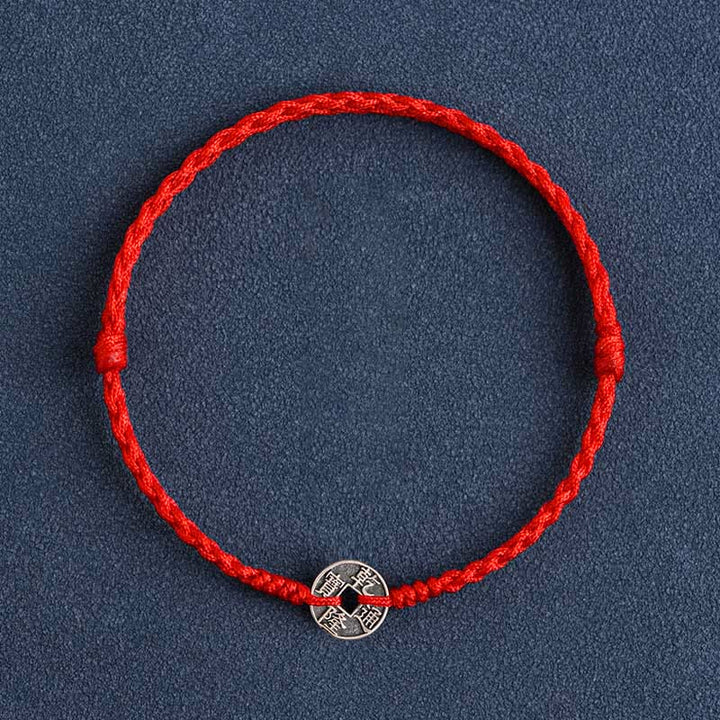 Buddha Stones 925 Sterling Silver Five Emperor Coins Red String Protection Luck Braided Bracelet Anklet