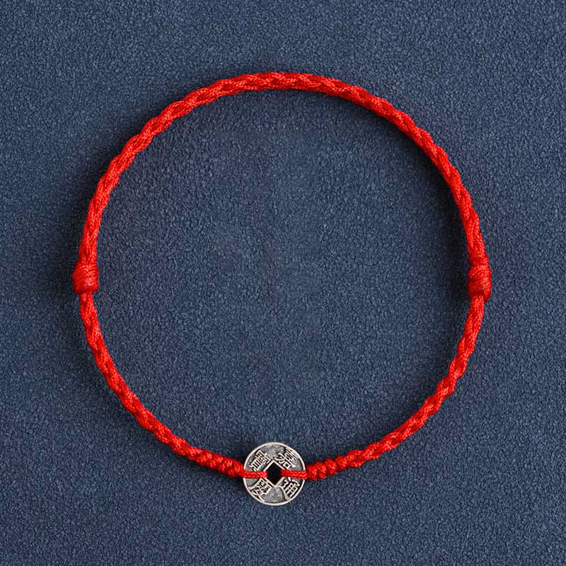 Buddha Stones 925 Sterling Silver Five Emperor Coins Red String Protection Luck Braided Bracelet Anklet