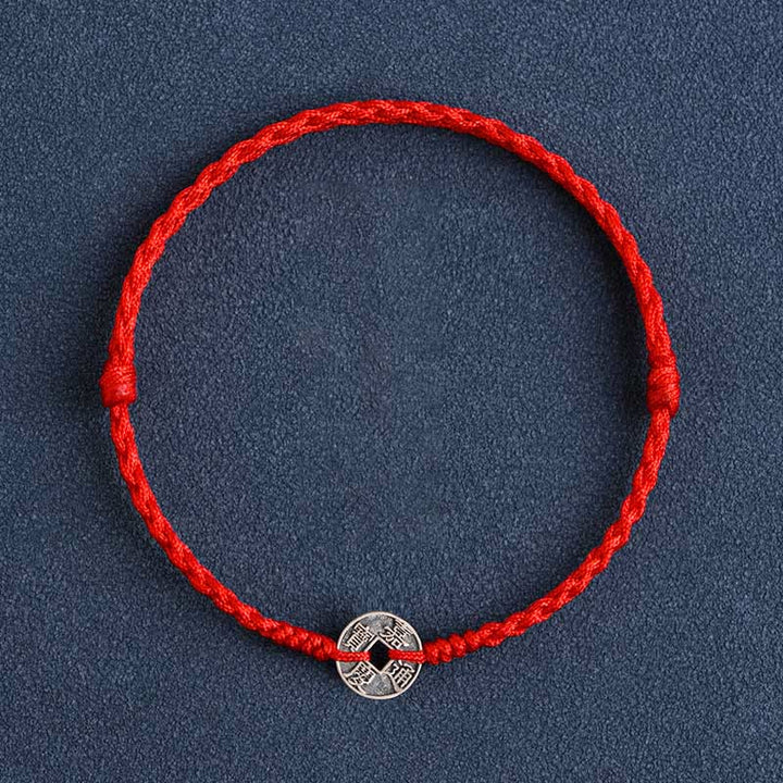 Buddha Stones 925 Sterling Silver Five Emperor Coins Red String Protection Luck Braided Bracelet Anklet