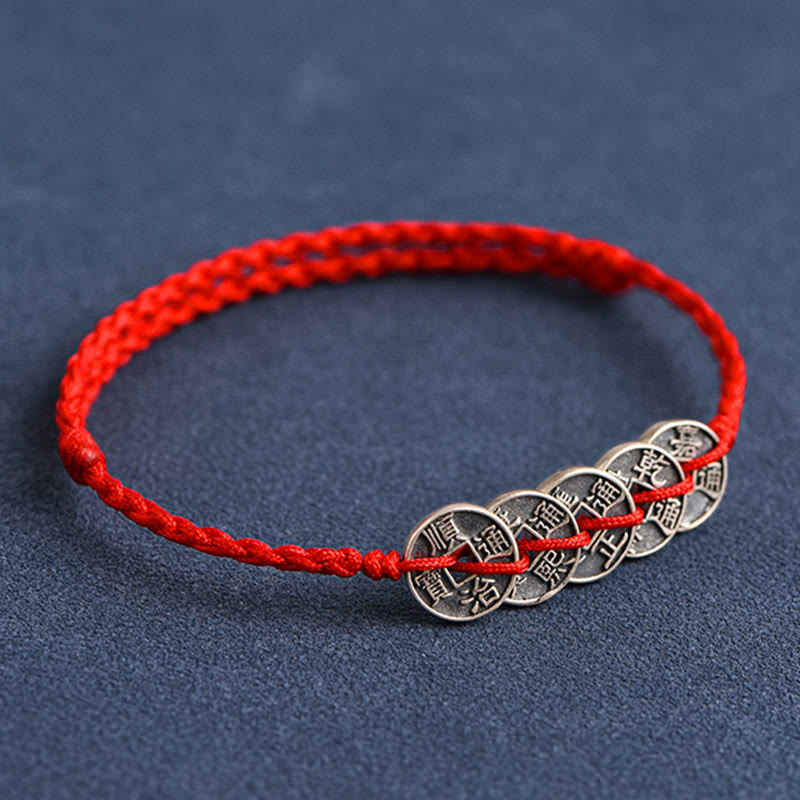 Buddha Stones 925 Sterling Silver Five Emperor Coins Red String Protection Luck Braided Bracelet Anklet