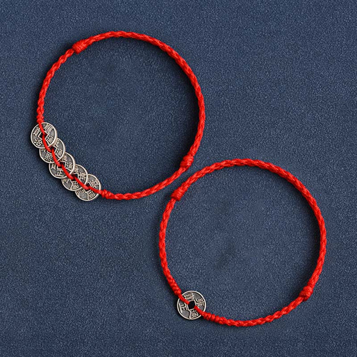 Buddha Stones 925 Sterling Silver Five Emperor Coins Red String Protection Luck Braided Bracelet Anklet