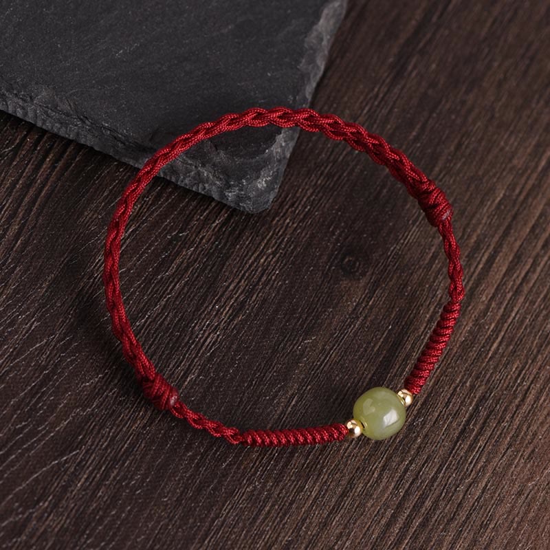 Buddha Stones Natural Hetian Jade 999 Gold Beads Protection Luck Braided Bracelet Anklet - Dark Red Rope - Hetian Jade 14k Gold Beads - Anklet(Circumference 17-30cm) - image 1