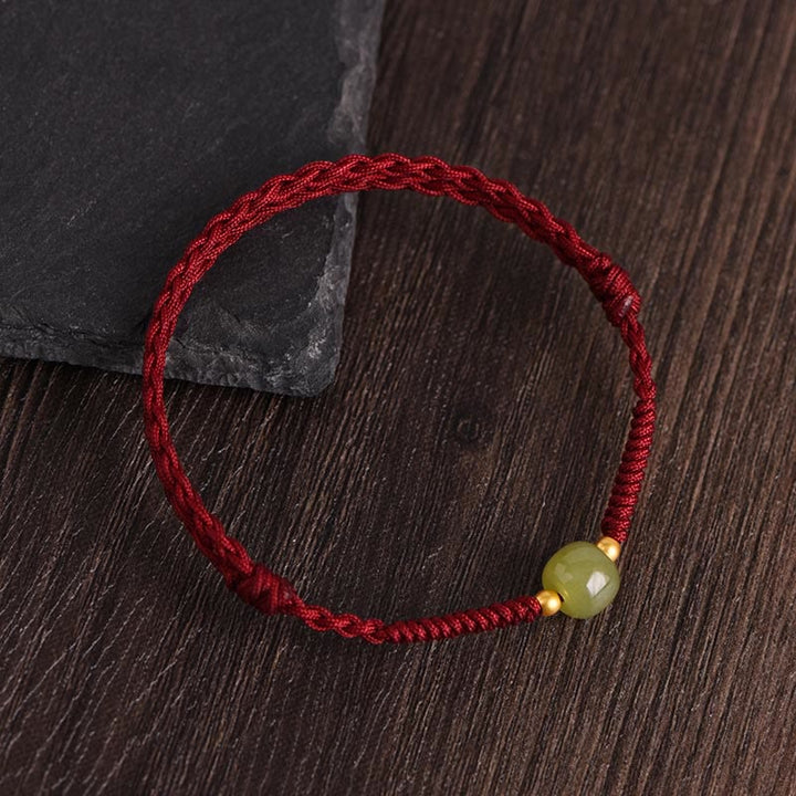Buddha Stones Natural Hetian Jade 999 Gold Beads Protection Luck Braided Bracelet Anklet - Dark Red Rope - Hetian Jade 999 Gold Beads - Anklet(Circumference 17-30cm) - image 2