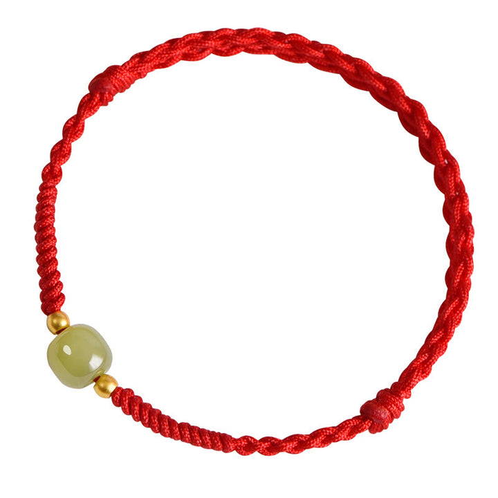 Buddha Stones Natural Hetian Jade 999 Gold Beads Protection Luck Braided Bracelet Anklet