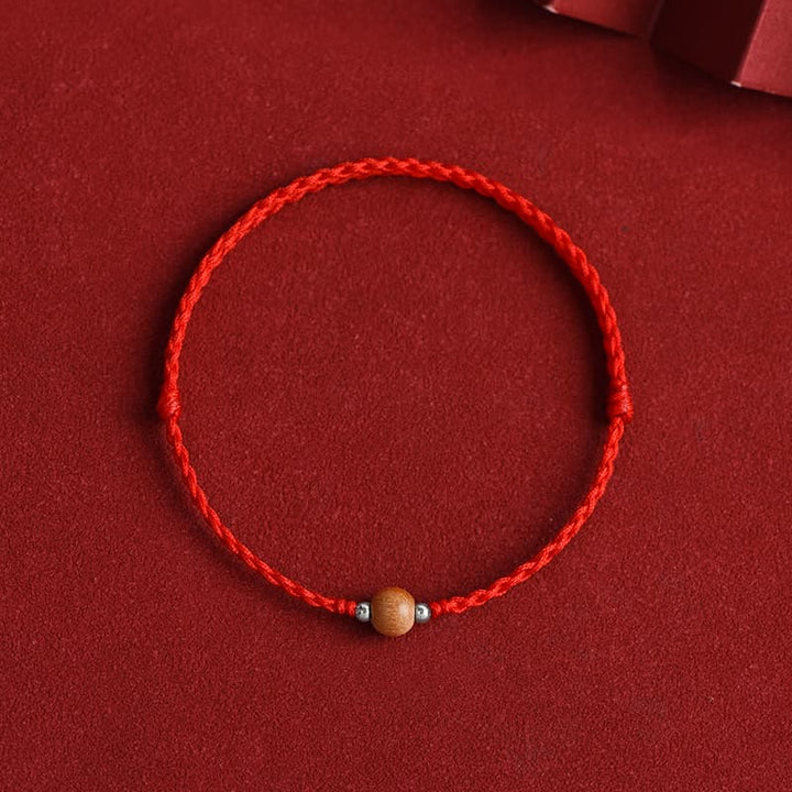 Buddha Stones Natural Peach Wood Bead Luck Braided Bracelet Anklet