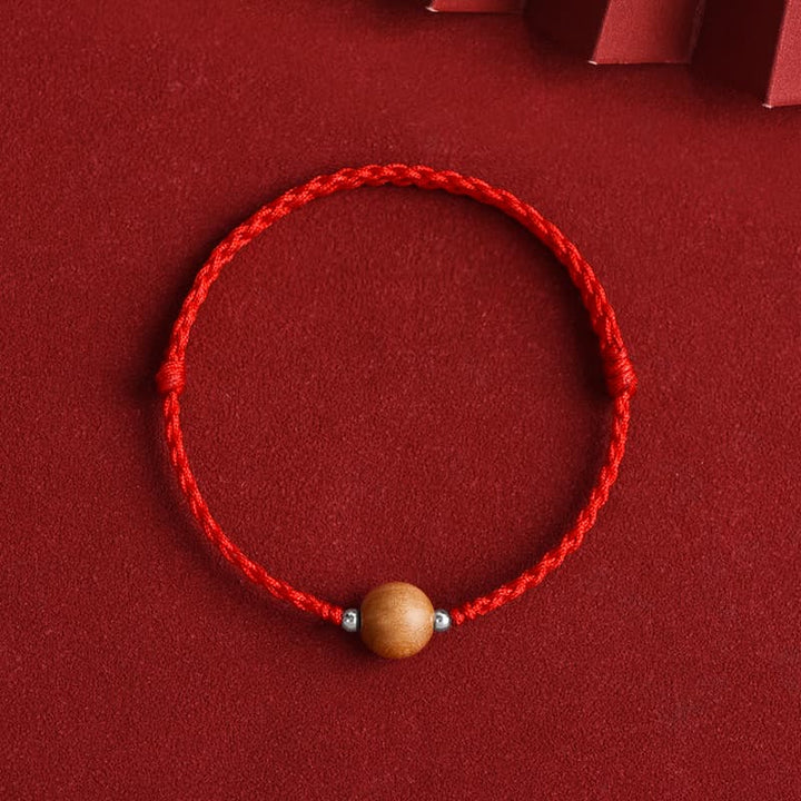 Buddha Stones Natural Peach Wood Bead Luck Braided Bracelet Anklet