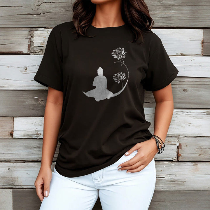 Buddha Stones Buddha Sitting With Lotus Flowers Pattern Pattern Tee T-shirt