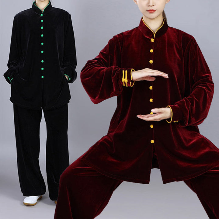 Buddha Stones 2Pcs Fall Winter Tai Chi Meditation Qigong Zen Practice Unisex Velour Plush Clothing Set