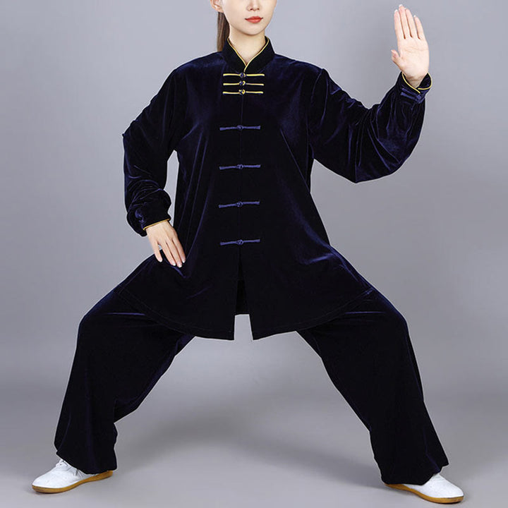 Buddha Stones 2Pcs Fall Winter Tai Chi Qigong Practice Unisex Frog-Button Meditation Velour Clothing Set