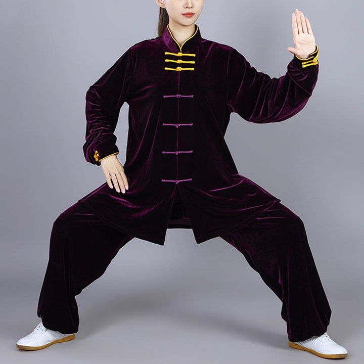 Buddha Stones 2Pcs Fall Winter Tai Chi Qigong Practice Unisex Frog-Button Meditation Velour Clothing Set