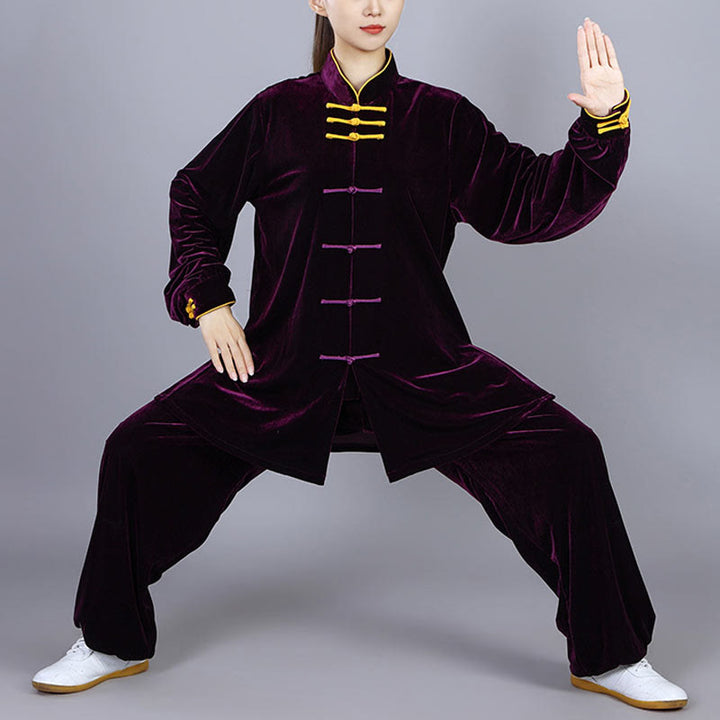 Buddha Stones 2Pcs Fall Winter Tai Chi Qigong Practice Unisex Frog-Button Meditation Velour Clothing Set - DarkMagenta - 3XL-FIT FOR US/UK/AU/EU-XL - image 14