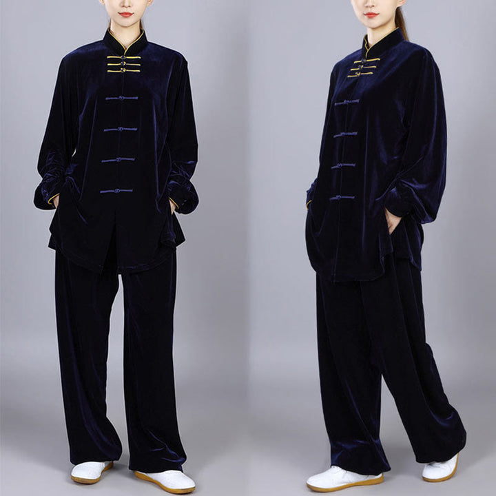 Buddha Stones 2Pcs Fall Winter Tai Chi Qigong Practice Unisex Frog-Button Meditation Velour Clothing Set - image 1