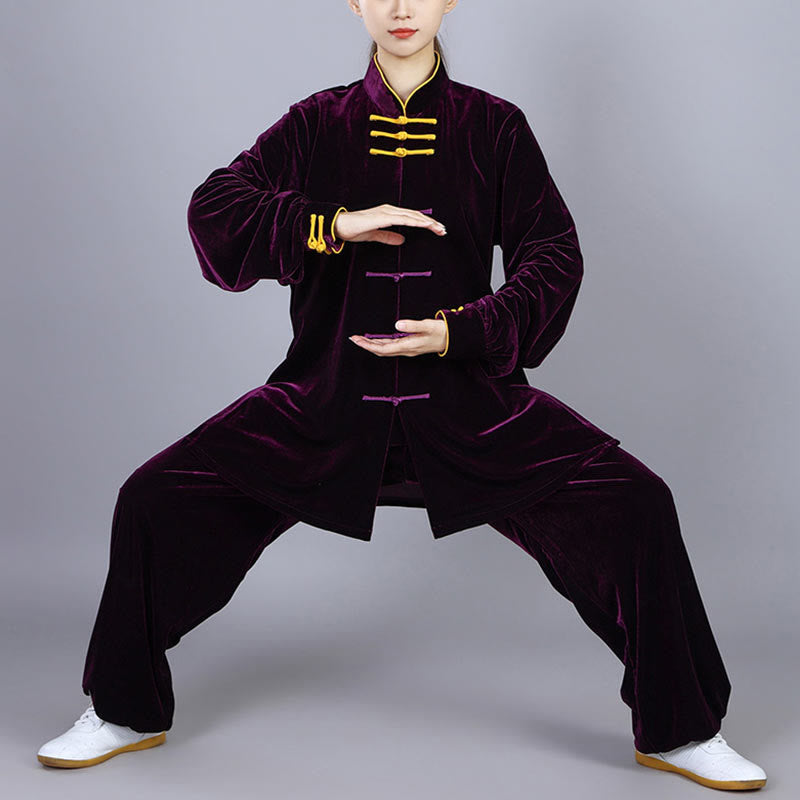 Buddha Stones 2Pcs Fall Winter Tai Chi Qigong Practice Unisex Frog-Button Meditation Velour Clothing Set - image 15