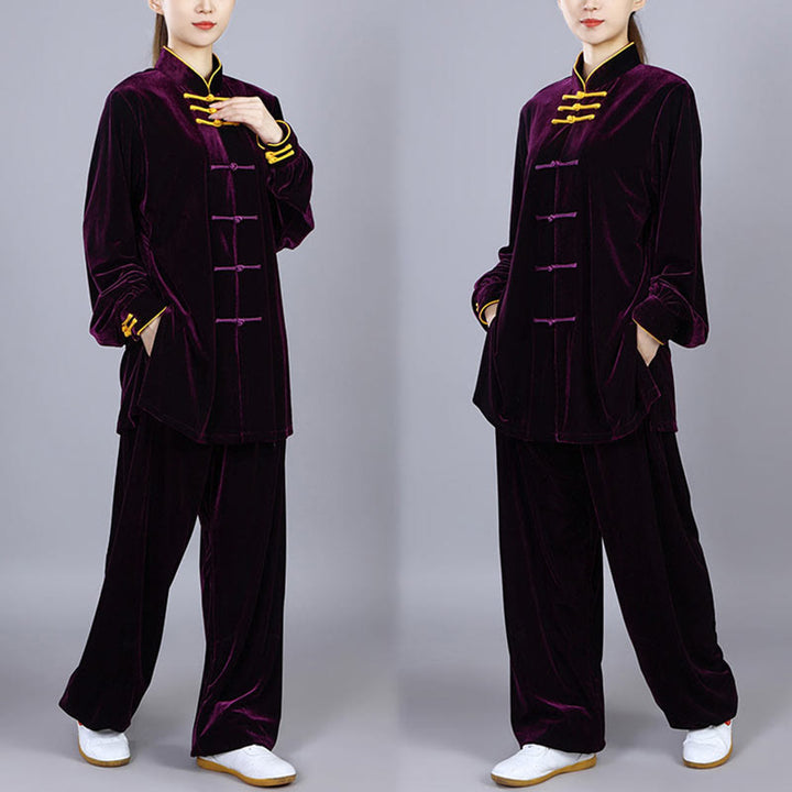 Buddha Stones 2Pcs Fall Winter Tai Chi Qigong Practice Unisex Frog-Button Meditation Velour Clothing Set - image 16