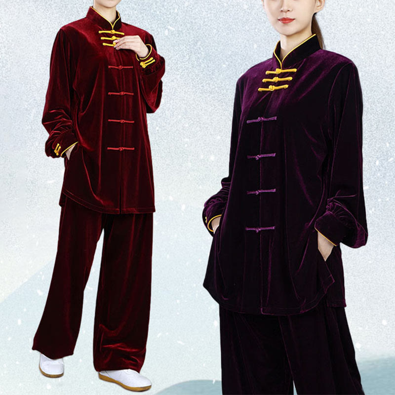 Buddha Stones 2Pcs Fall Winter Tai Chi Qigong Practice Unisex Frog-Button Meditation Velour Clothing Set - image 20