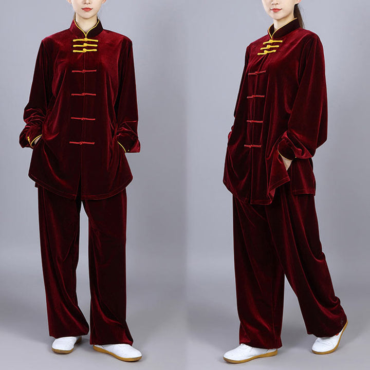 Buddha Stones 2Pcs Fall Winter Tai Chi Qigong Practice Unisex Frog-Button Meditation Velour Clothing Set - image 4