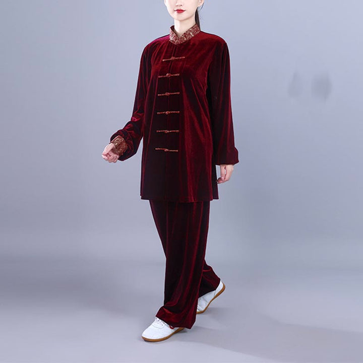 Buddha Stones 2Pcs Fall Winter Tai Chi Qigong Auspicious Clouds Stand Collar Frog-Button Unisex Velour Meditation Clothing Set - image 4