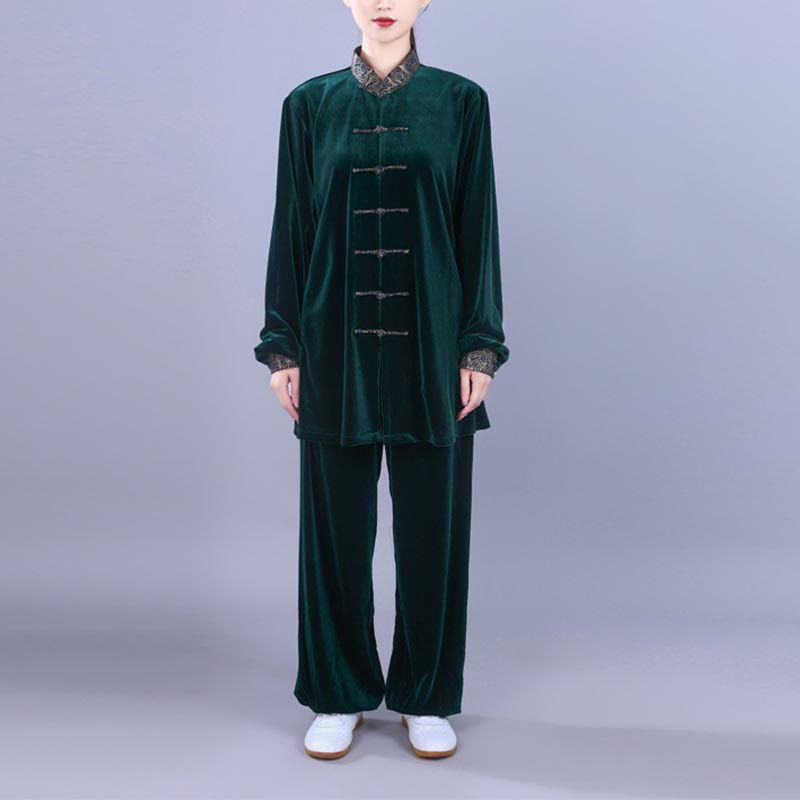 Buddha Stones 2Pcs Fall Winter Tai Chi Qigong Auspicious Clouds Stand Collar Frog-Button Unisex Velour Meditation Clothing Set - image 18