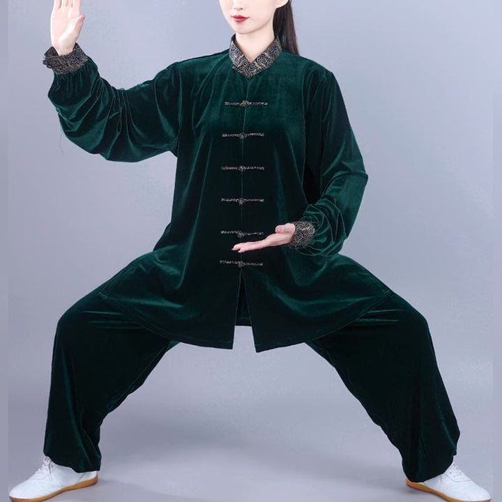 Buddha Stones 2Pcs Fall Winter Tai Chi Qigong Auspicious Clouds Stand Collar Frog-Button Unisex Velour Meditation Clothing Set - SeaGreen - 3XL-FIT FOR US/UK/AU/EU-XL - image 15