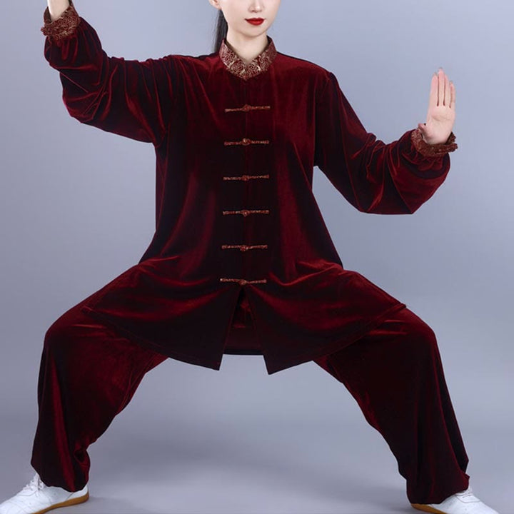 Buddha Stones 2Pcs Fall Winter Tai Chi Qigong Auspicious Clouds Stand Collar Frog-Button Unisex Velour Meditation Clothing Set - DarkRed - 3XL-FIT FOR US/UK/AU/EU-XL - image 0