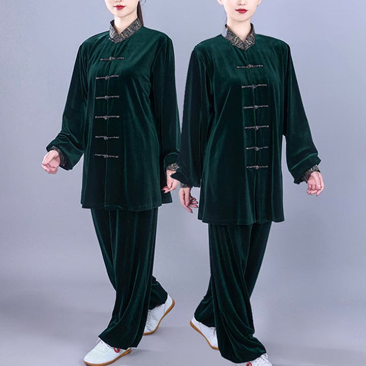 Buddha Stones 2Pcs Fall Winter Tai Chi Qigong Auspicious Clouds Stand Collar Frog-Button Unisex Velour Meditation Clothing Set - image 17