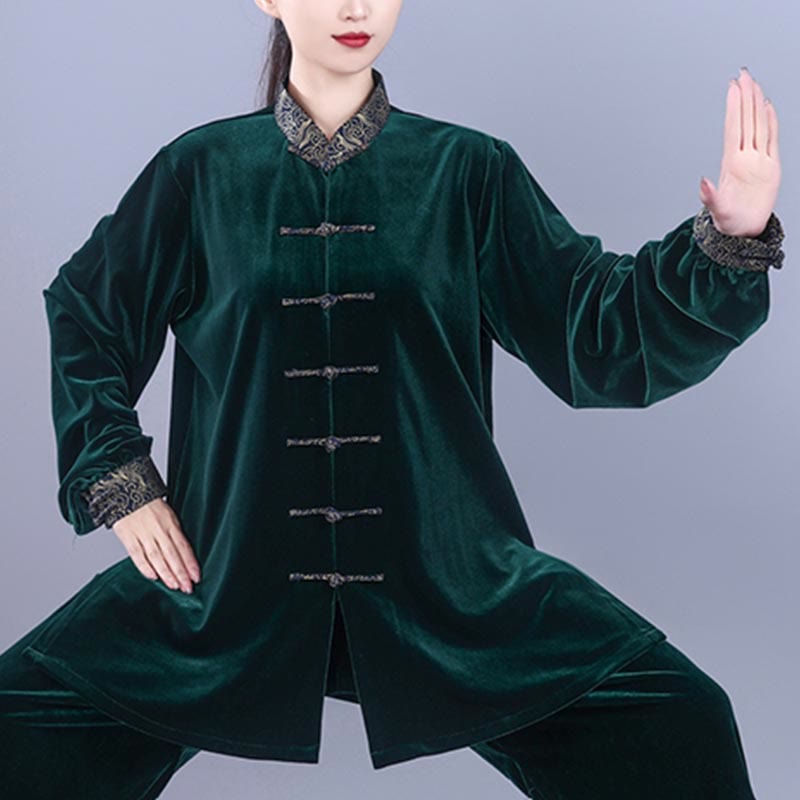 Buddha Stones 2Pcs Fall Winter Tai Chi Qigong Auspicious Clouds Stand Collar Frog-Button Unisex Velour Meditation Clothing Set - image 16