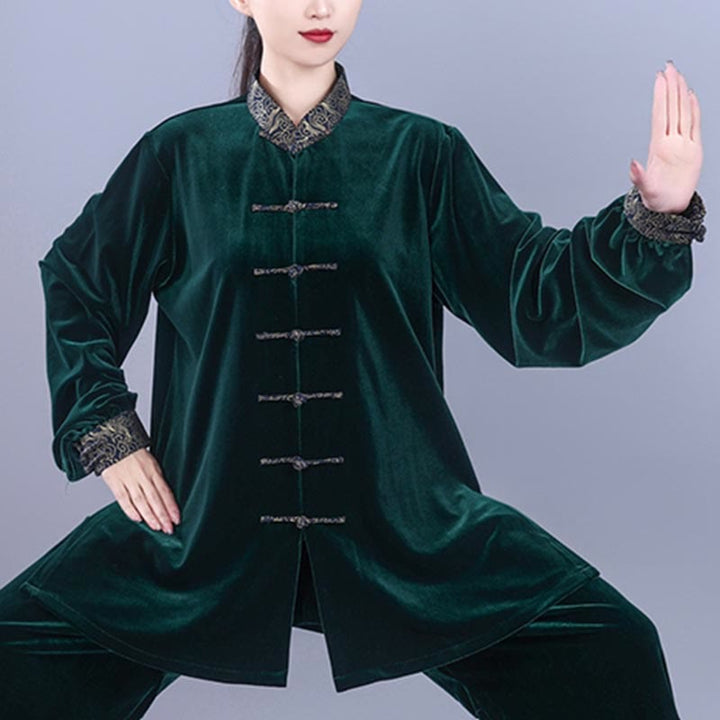 Buddha Stones 2Pcs Fall Winter Tai Chi Qigong Auspicious Clouds Stand Collar Frog-Button Unisex Velour Meditation Clothing Set - image 16