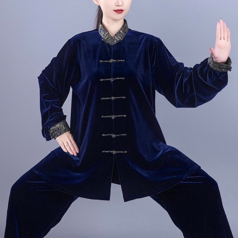 Buddha Stones 2Pcs Fall Winter Tai Chi Qigong Auspicious Clouds Stand Collar Frog-Button Unisex Velour Meditation Clothing Set - image 12