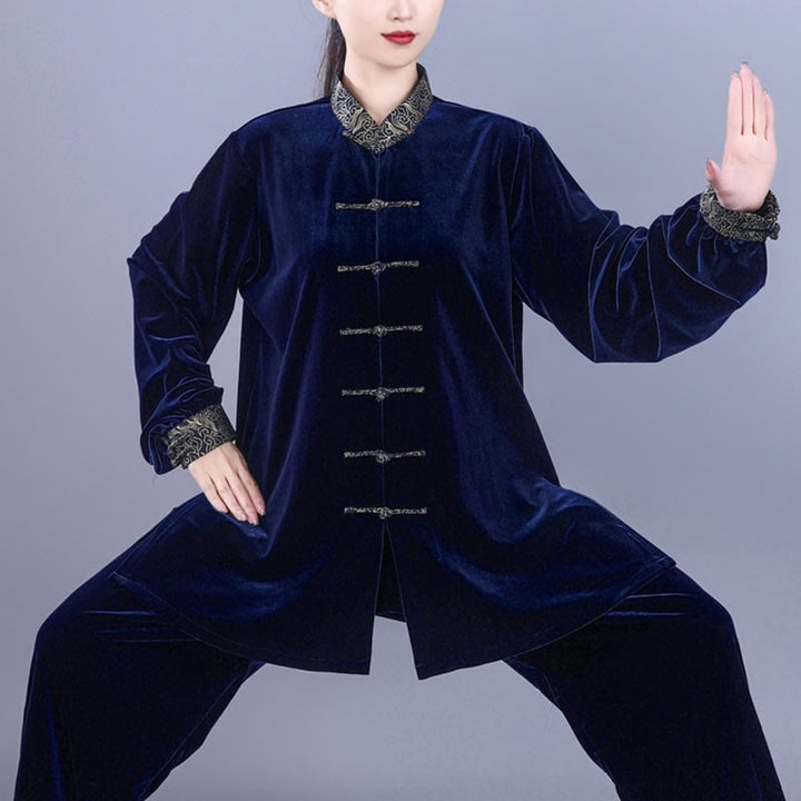 Buddha Stones 2Pcs Fall Winter Tai Chi Qigong Auspicious Clouds Stand Collar Frog-Button Unisex Velour Meditation Clothing Set - image 12