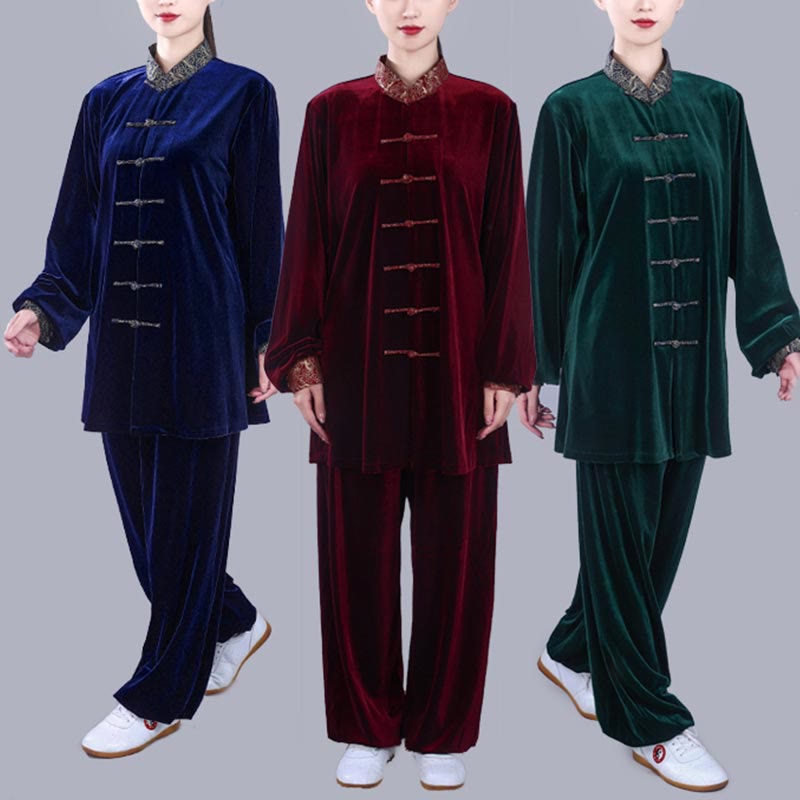 Buddha Stones 2Pcs Fall Winter Tai Chi Qigong Auspicious Clouds Stand Collar Frog-Button Unisex Velour Meditation Clothing Set - image 1