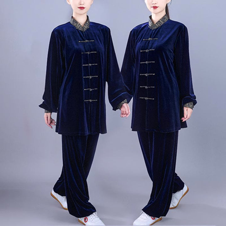 Buddha Stones 2Pcs Fall Winter Tai Chi Qigong Auspicious Clouds Stand Collar Frog-Button Unisex Velour Meditation Clothing Set - image 13