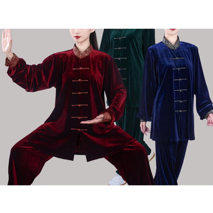 Buddha Stones 2Pcs Fall Winter Tai Chi Qigong Auspicious Clouds Stand Collar Frog-Button Unisex Velour Meditation Clothing Set - image 21
