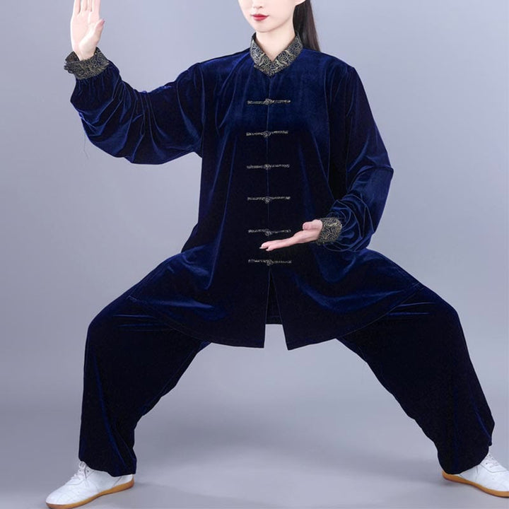 Buddha Stones 2Pcs Fall Winter Tai Chi Qigong Auspicious Clouds Stand Collar Frog-Button Unisex Velour Meditation Clothing Set - MidnightBlue - 3XL-FIT FOR US/UK/AU/EU-XL - image 11