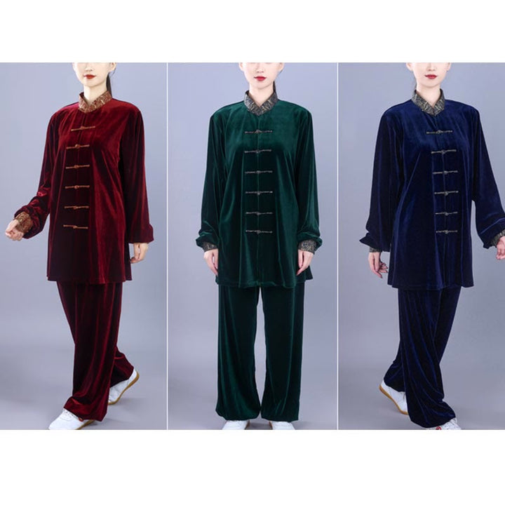 Buddha Stones 2Pcs Fall Winter Tai Chi Qigong Auspicious Clouds Stand Collar Frog-Button Unisex Velour Meditation Clothing Set - image 22