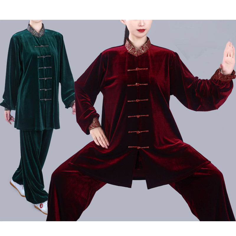 Buddha Stones 2Pcs Fall Winter Tai Chi Qigong Auspicious Clouds Stand Collar Frog-Button Unisex Velour Meditation Clothing Set - image 19