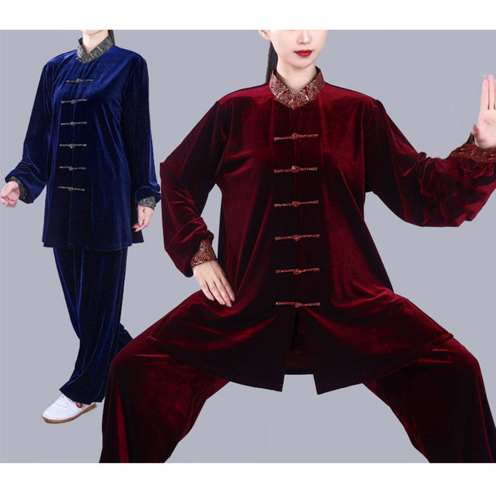 Buddha Stones 2Pcs Fall Winter Tai Chi Qigong Auspicious Clouds Stand Collar Frog-Button Unisex Velour Meditation Clothing Set - image 20