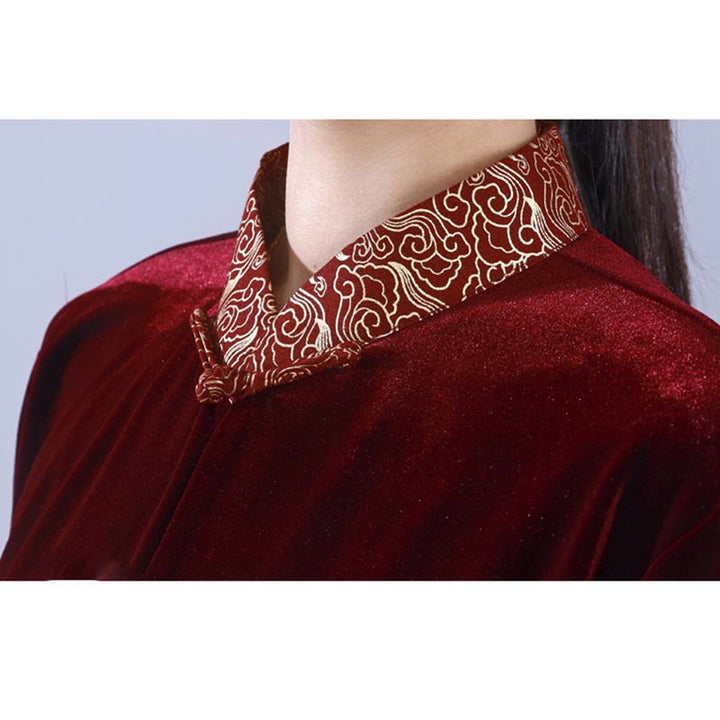 Buddha Stones 2Pcs Fall Winter Tai Chi Qigong Auspicious Clouds Stand Collar Frog-Button Unisex Velour Meditation Clothing Set - image 5
