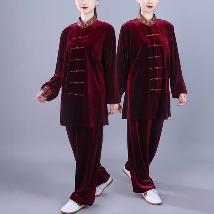 Buddha Stones 2Pcs Fall Winter Tai Chi Qigong Auspicious Clouds Stand Collar Frog-Button Unisex Velour Meditation Clothing Set - image 3