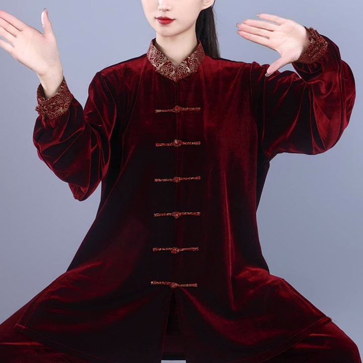 Buddha Stones 2Pcs Fall Winter Tai Chi Qigong Auspicious Clouds Stand Collar Frog-Button Unisex Velour Meditation Clothing Set - image 2