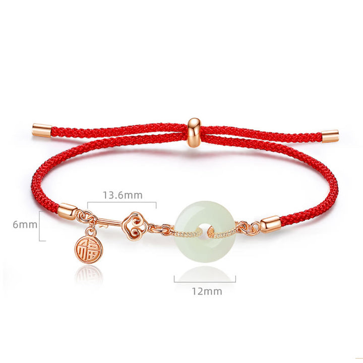 Buddha Stones Natural Hetian Jade Peace Buckle 925 Sterling Silver Red String Fu Character Protection Luck Bracelet