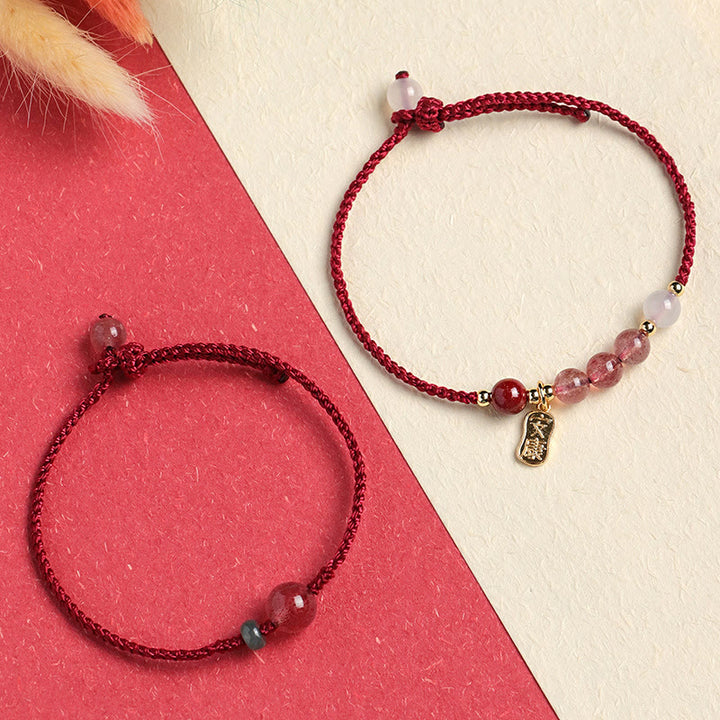 Buddha Stones Natural Strawberry Quartz Jade White Agate Red String Positive Bracelet