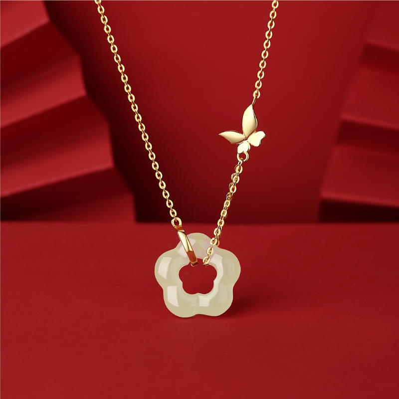 Buddha Stones 925 Sterling Silver Butterfly Hetian Jade Flower Blessing Necklace Pendant - 22k Gold Plated - image 0