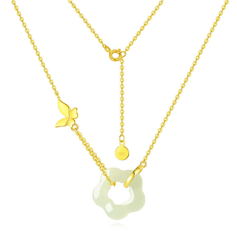 Buddha Stones 925 Sterling Silver Butterfly Hetian Jade Flower Blessing Necklace Pendant - image 2